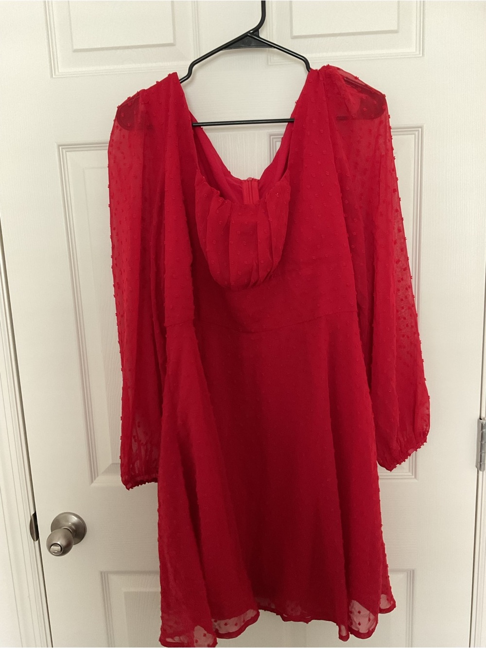 Amazon Red Midi Dress with Sheer Dot Sleeves